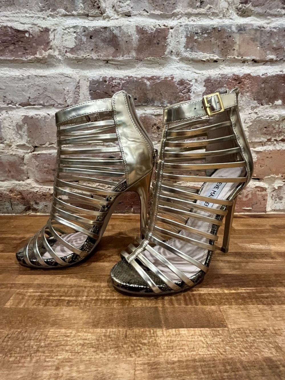 Steve Madden Metallic Gold Strappy Cage High-Heel Sandals.  Gladiator style